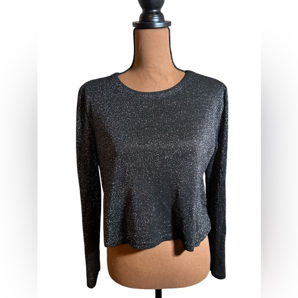 Bar III Long Sleeve Black and Silver Metallic Tee M - Picture 2 of 5